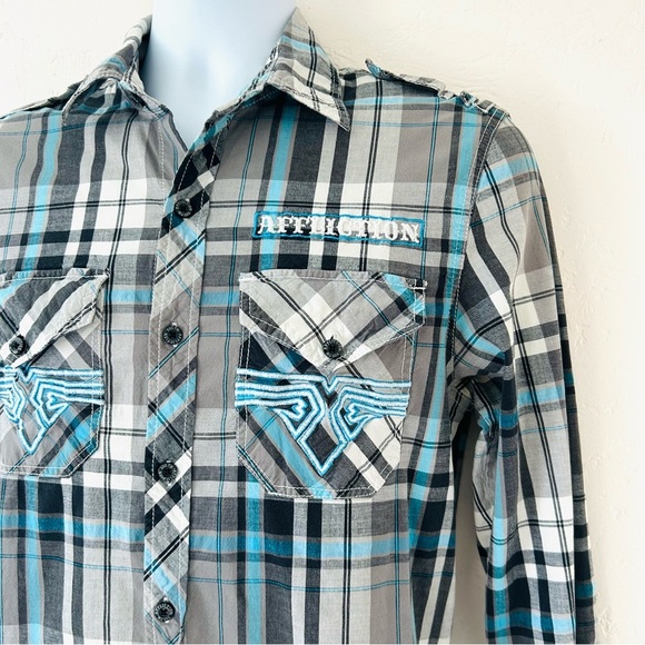 AFFLICTION VTG Y2K Mens Blue Plaid Embroidered Long Sleeve Slim Fit Shirt Size M - Picture 2 of 13